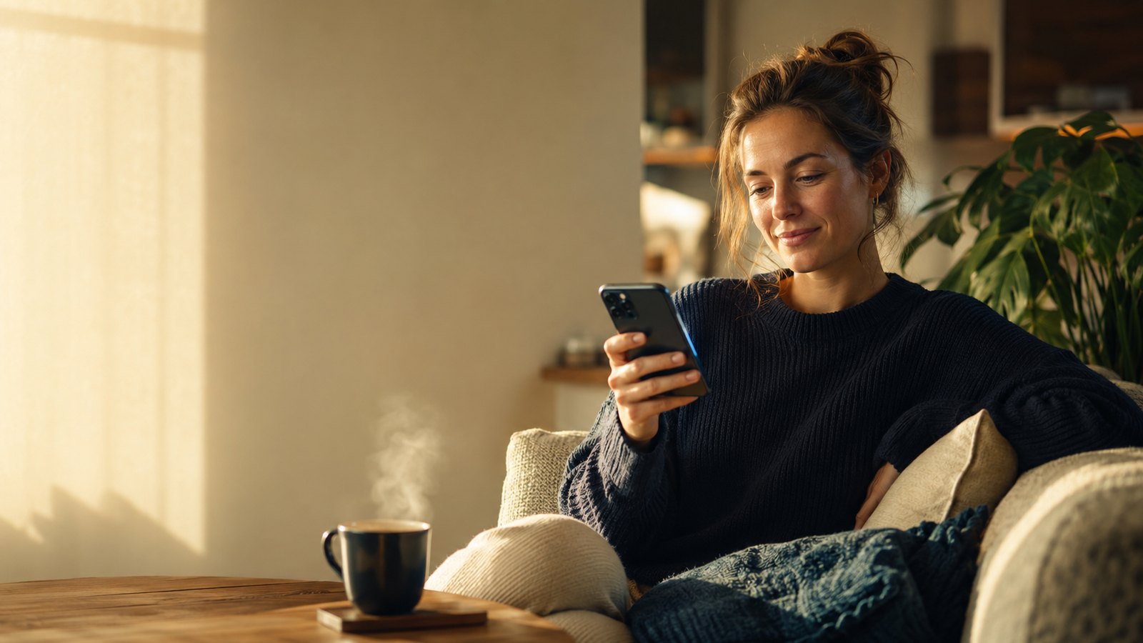 Entspannt zuhause auf dem Sofa, alles per App geregelt.
