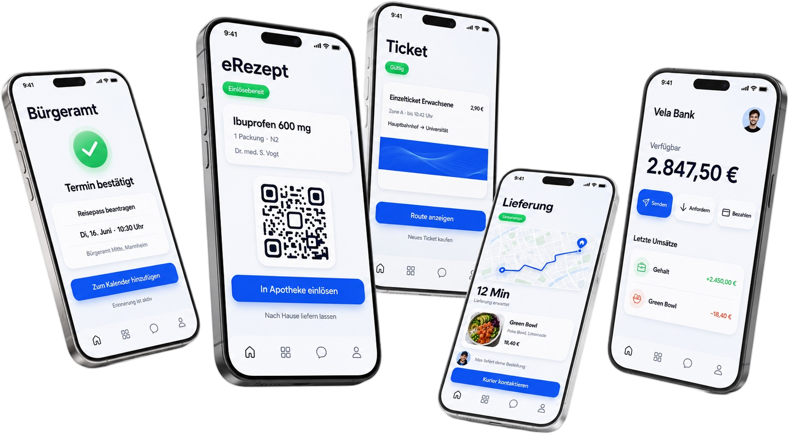 Fünf Services als Mini-Apps in DE-eins: Bürgeramt-Termin, eRezept, ÖPNV-Ticket, Essens-Lieferung und Banking.